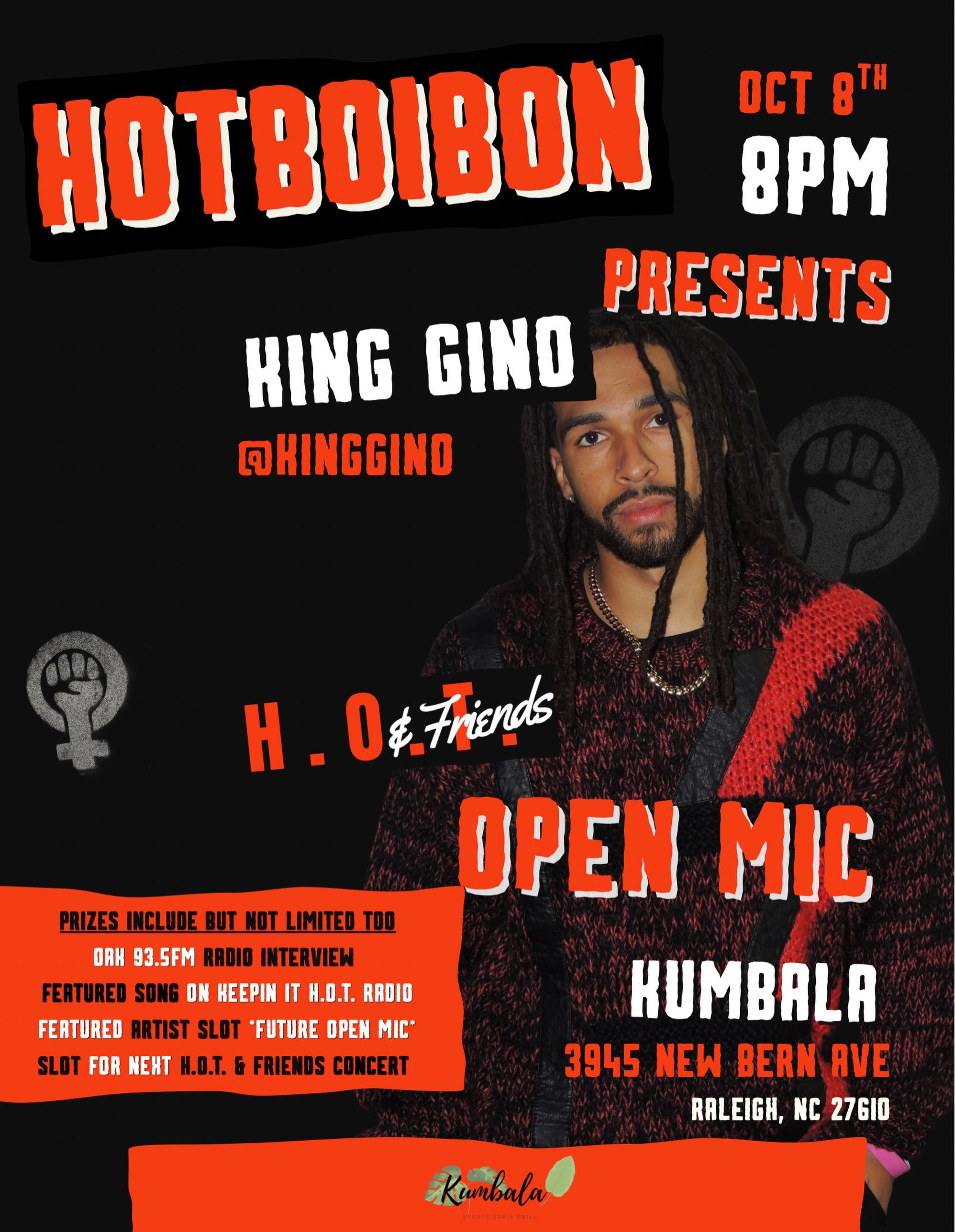 I will be performing live on Thursday October 8th  2026 8pm @kumbalabarnc in Raleigh,NC for @hotandfriends Open Mic music by @dj_macksauce 

Free Entry Until 9pm 1st Song Free All Night 

Prizes include 
Radio Placement / Interview with Keepin It H.O