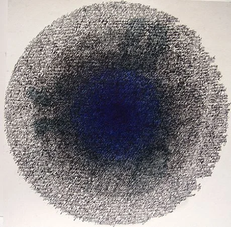 Gamma Function , gel ink on paper, 15 x 15 inches “Handwritten dictionary definitions, starting with the word ‘gamma function.’ (From the 1st dictionary. Hurricane Ike, September 2008, destroyed my dictionary at the definition ‘half’.) Handwriting in blue at the center; black toward the exterior. The center of the circle is ‘washed’ (water added to allow the blue to smear).”