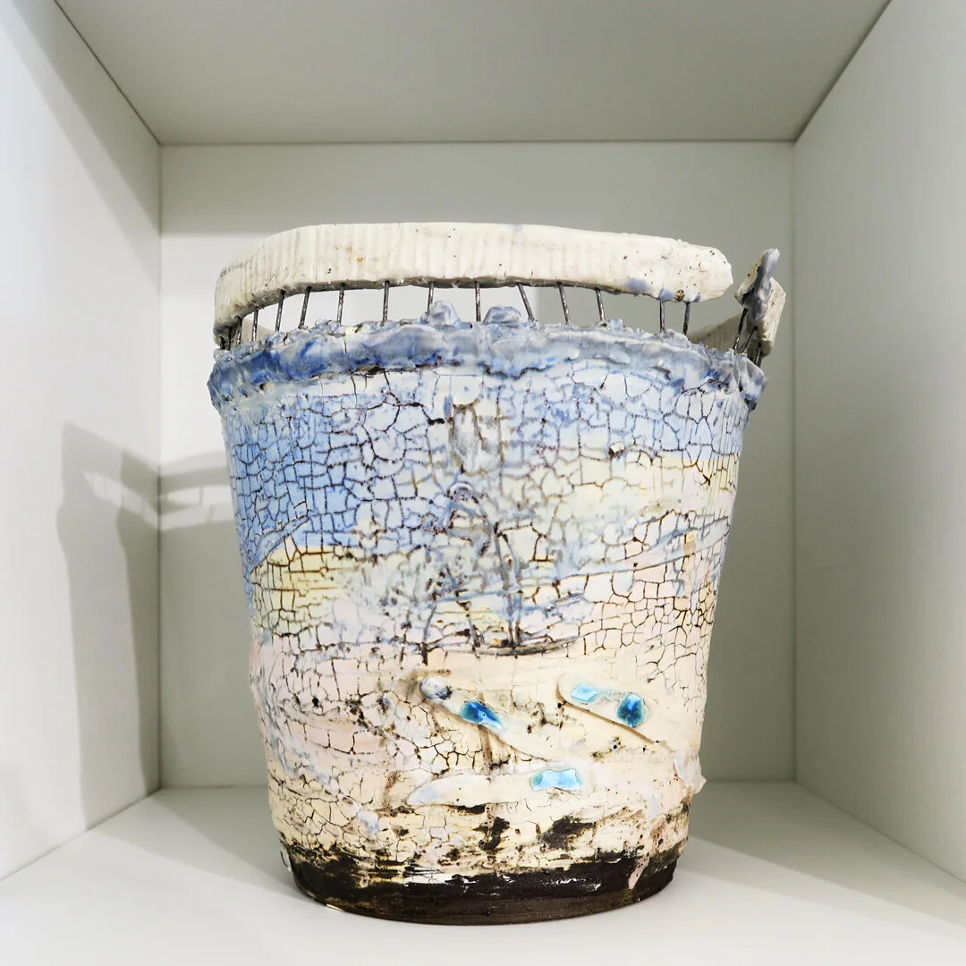 Blue bucket vase with porcelain ribbon and metal wire, 8 x 7.5 inches