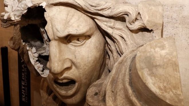 A statue of Marianne, vandalised inside the Arc de Triomphe in protest
