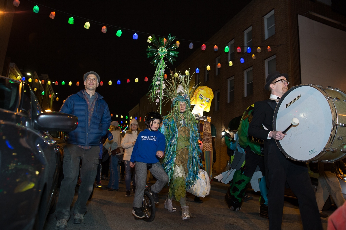 Riparia in a processional with members of the “Grotto of the Never Never Never-Ending Neverland,” a project by Laure Drogoul. This performance took place as part of Neighborhood Lights, supported by the Baltimore Office of Promotion and the Arts, in Little Italy, April 2018. Other artists involved in this performance include Chuck Nesci, Edna Emmet, Matt Williams, Isa Leal, Joe Meduza, Katie Kehoe, Bridget Parlato, Katherine Fahey and Dan Van Allen.
