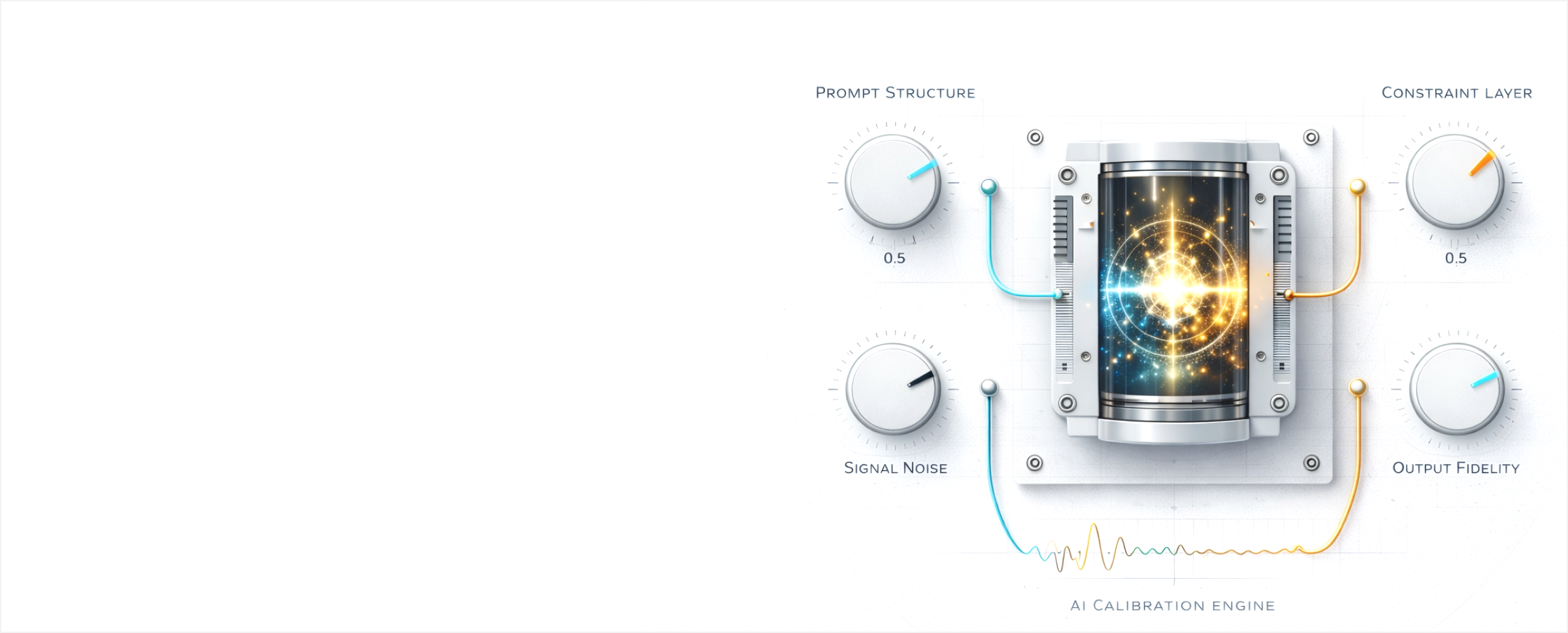 Diagram of an AI calibration engine with meters labeled 'Prompt Structure', 'Signal Noise', 'Constraint Layer', and 'Output Fidelity', connected by color-coded lines to a central cylindrical device displaying a digital explosion of light and particles.