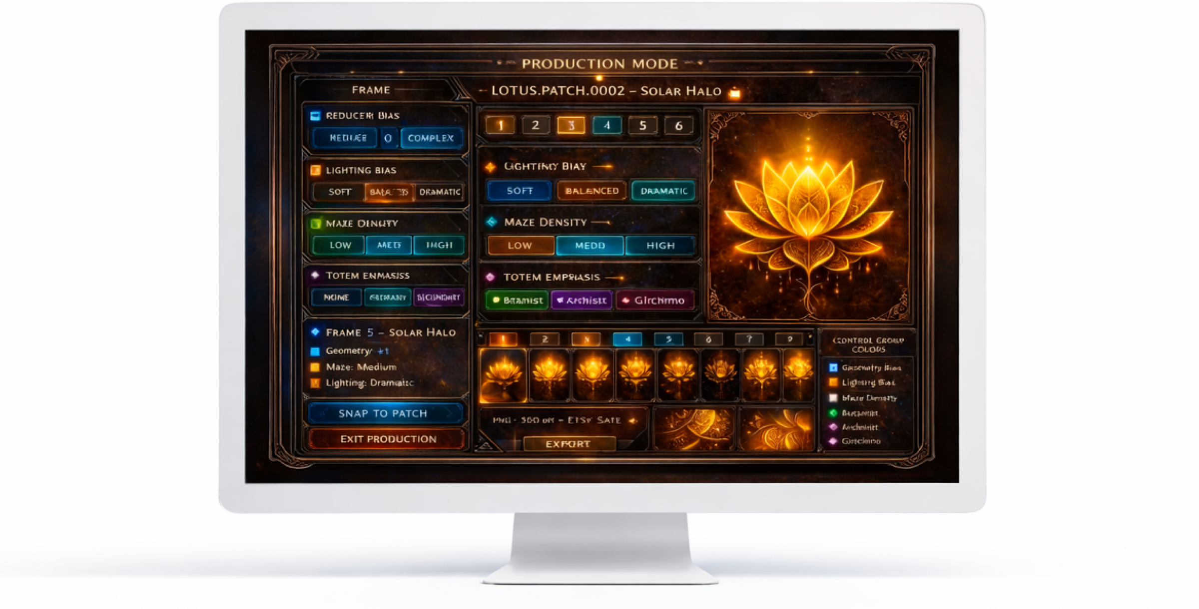 Screenshot of a digital art or design software interface with colorful controls and options, featuring a glowing orange lotus flower on the right side.