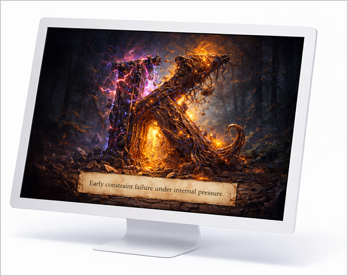 Computer monitor displaying a fantasy-style image of a glowing, electric tree in a dark forest with a caption: "Early constraint failure under internal pressure."