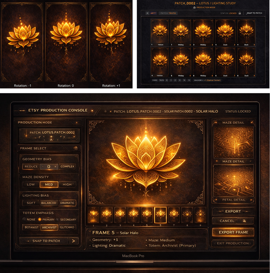 Screenshot of a digital interface for creating and customizing a glowing lotus flower design, featuring multiple stages of the lotus, lighting and maze details, and options for adjustments and export.