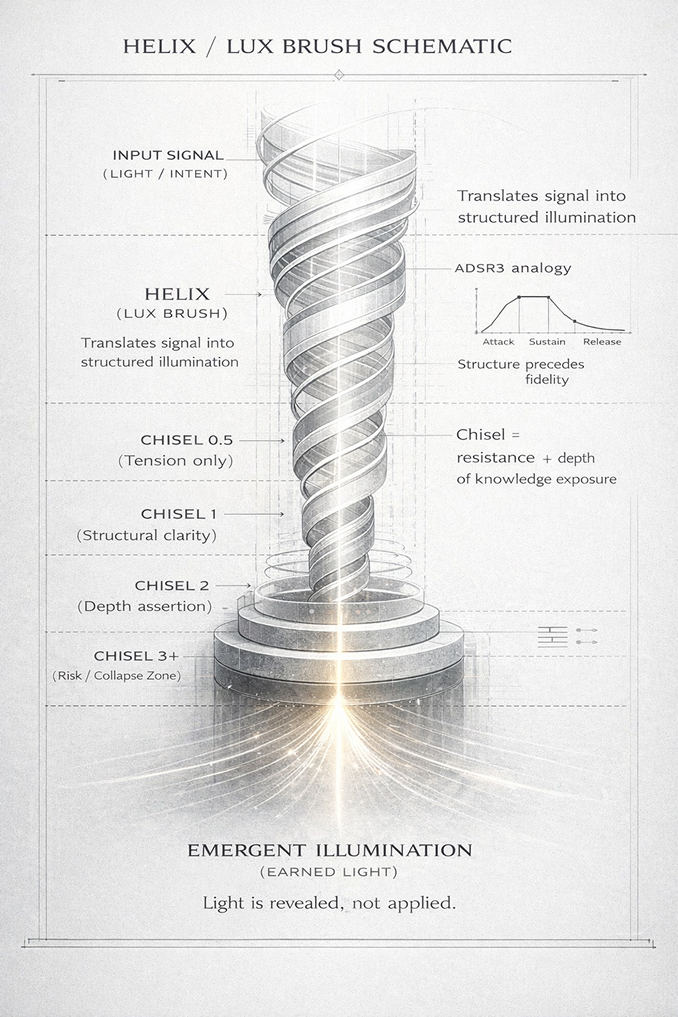 A schematic diagram of a helix/lux brush with labeled components including input signal, helix (lux brush), chisel 0.5, chisel 1, chisel 2, chisel 3+ zones, and emergent illumination, illustrating signal translation and structured illumination.