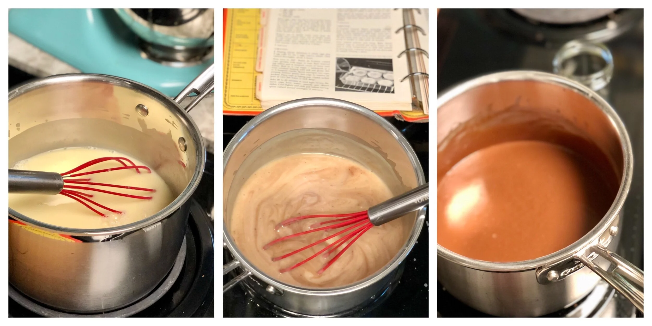 Left: just before thickeningMiddle: away from heat, just after adding chocolate chips and vanillaRIght: after chocolate is fully melted and mixed, just before pouring