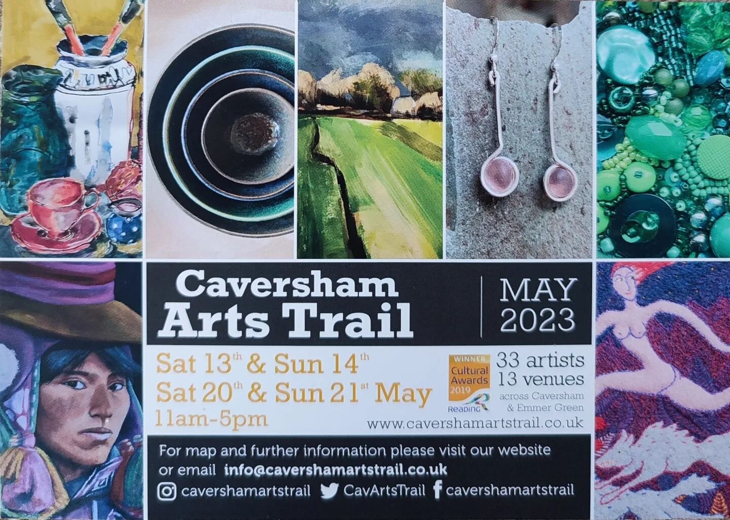 Next exhibition I'll be taking part in!!....Caversham Arts Trail 🎉

Date: 2 weekends 13th and 14th May 2023 and  20th and 21st May 2023

There are 33 artists at 13 venues in Caversham. Lots of different art to see - paintings, pottery, print making,