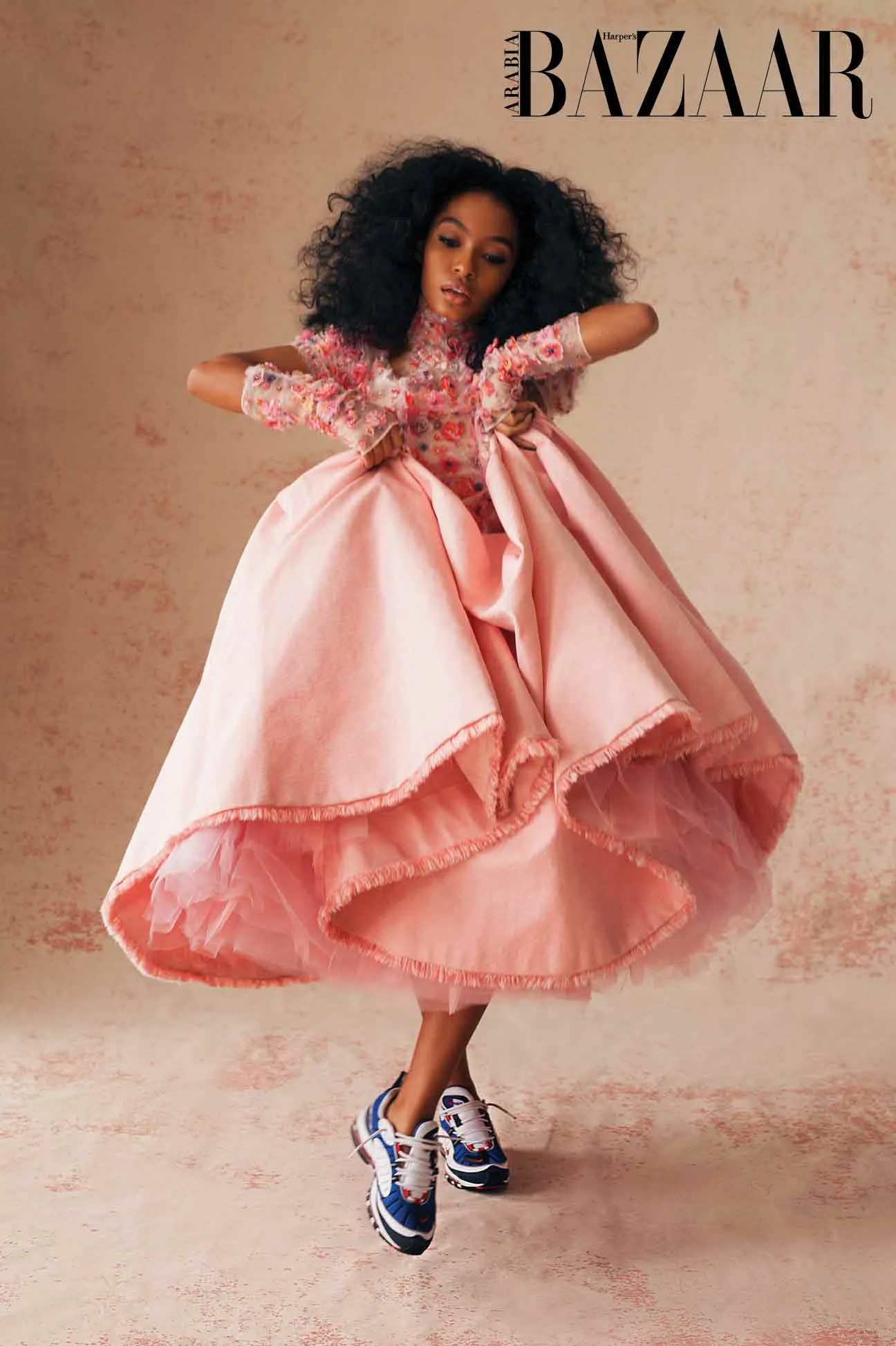 YARA SHAHIDI HARPER'S BAZAAR ARABIA JUNE ISSUE 2018 FLORAL AND SNEAKS.jpg