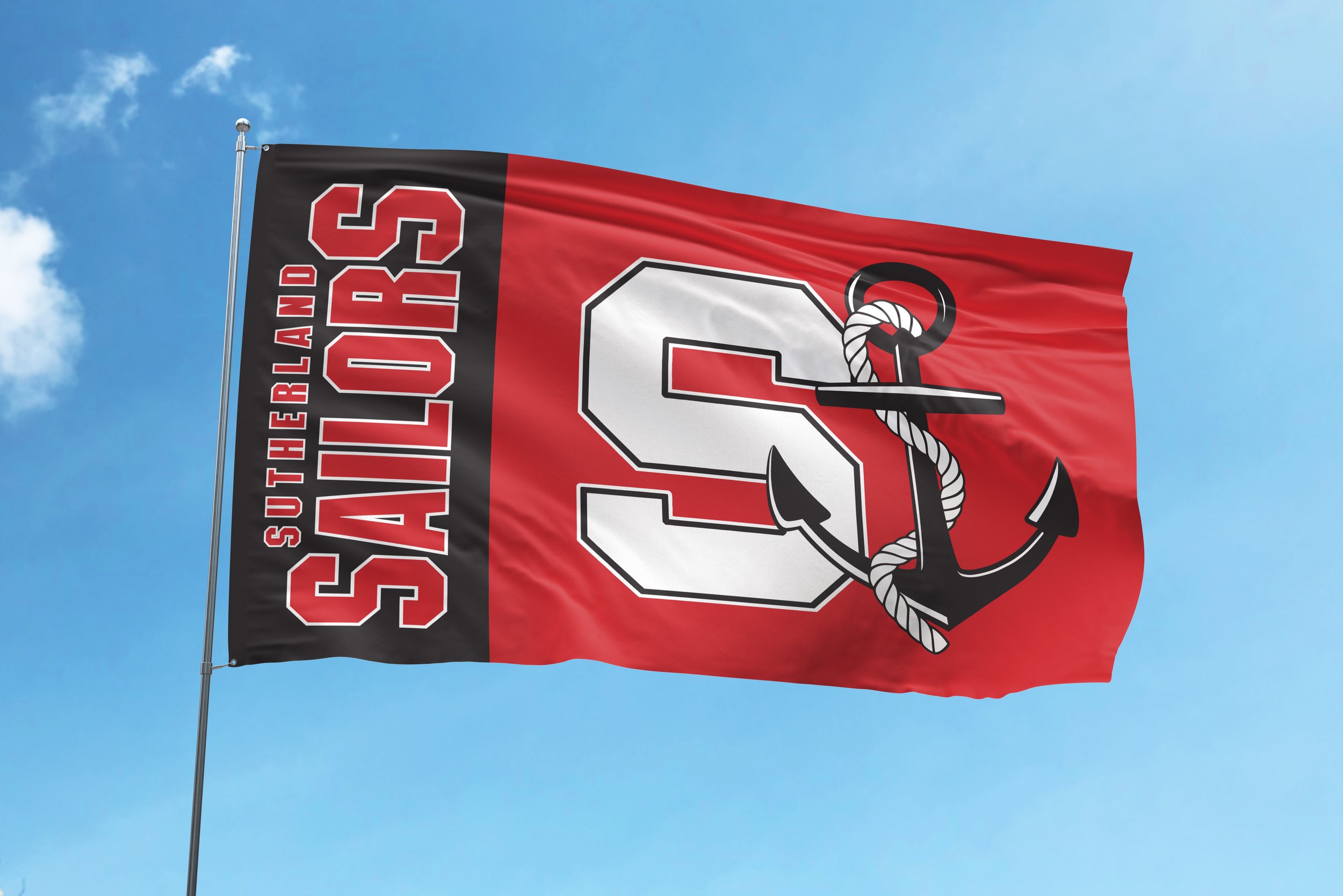  Designs for apparel, flags, and backdrops for  Sutherland Sailors  — an educational institution with strong school spirit. 