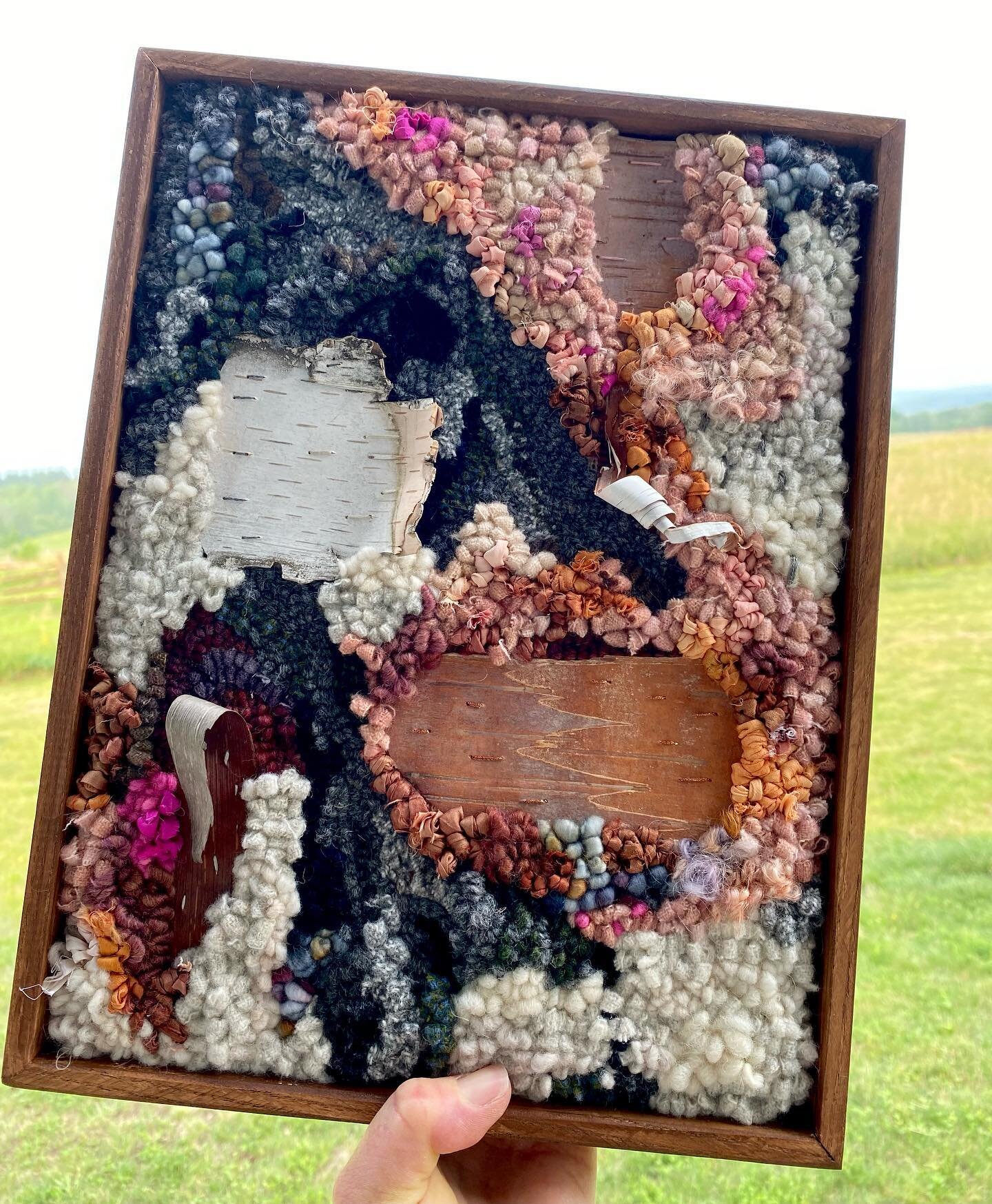 A Stream Running Through It. Wool Silk &amp; Birch 10x13&rdquo;framed. 
I&rsquo;m still deep in the conversation with birch over here. Hope you are having some great summer conversations too. 
.
.
.
.
.
.
#conversation #conversationwithbirch
#contemp