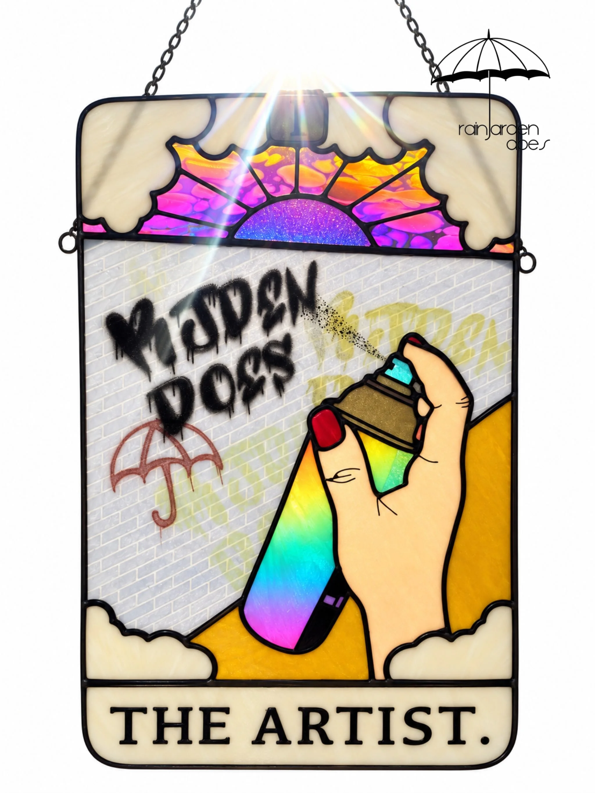 I: THE ARTIST
Part stained glass, part graffiti. 
Still obsessed with the rainbow spray can. Still obsessed with that sunset. Still absolutely dying to make her again.