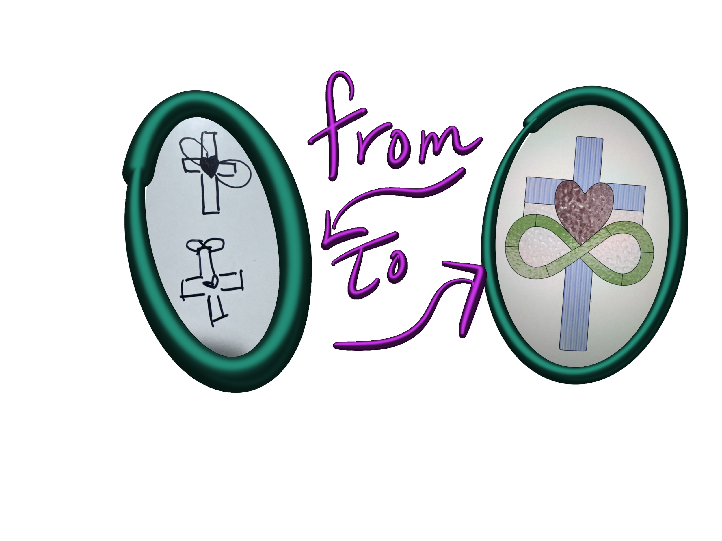 Rachell’s rough commission sketches beside Raina’s finished stained-glass pattern.