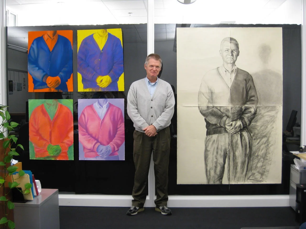 My dad with student “fan art.” He was famous for his cardigans, which he wore every day.