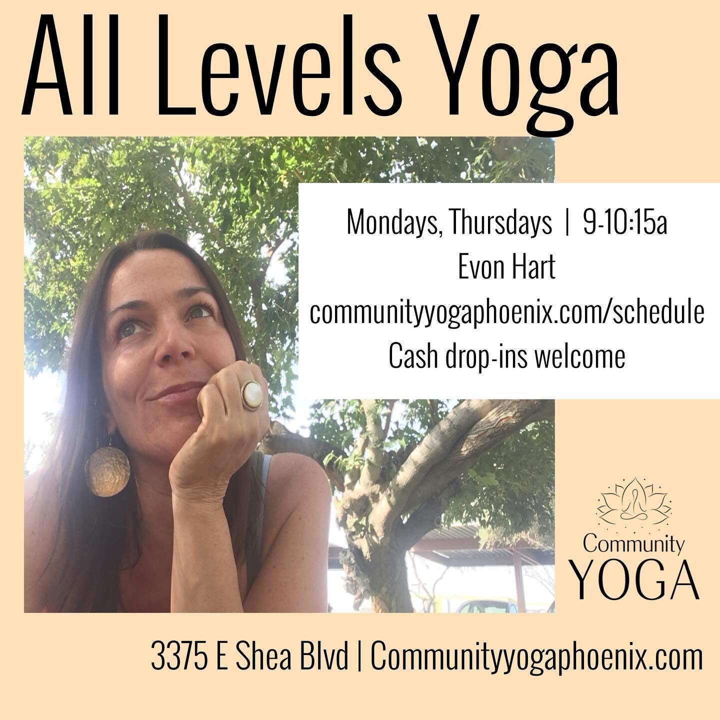Our schedule, in slides. 
.
Community Yoga is a unique studio. There&rsquo;s no &ldquo;staff&rdquo;. Evon Hart is the founder and in addition to her classes she rents the studio to other gifted instructors. 
.
Register for Evon&rsquo;s classes throug