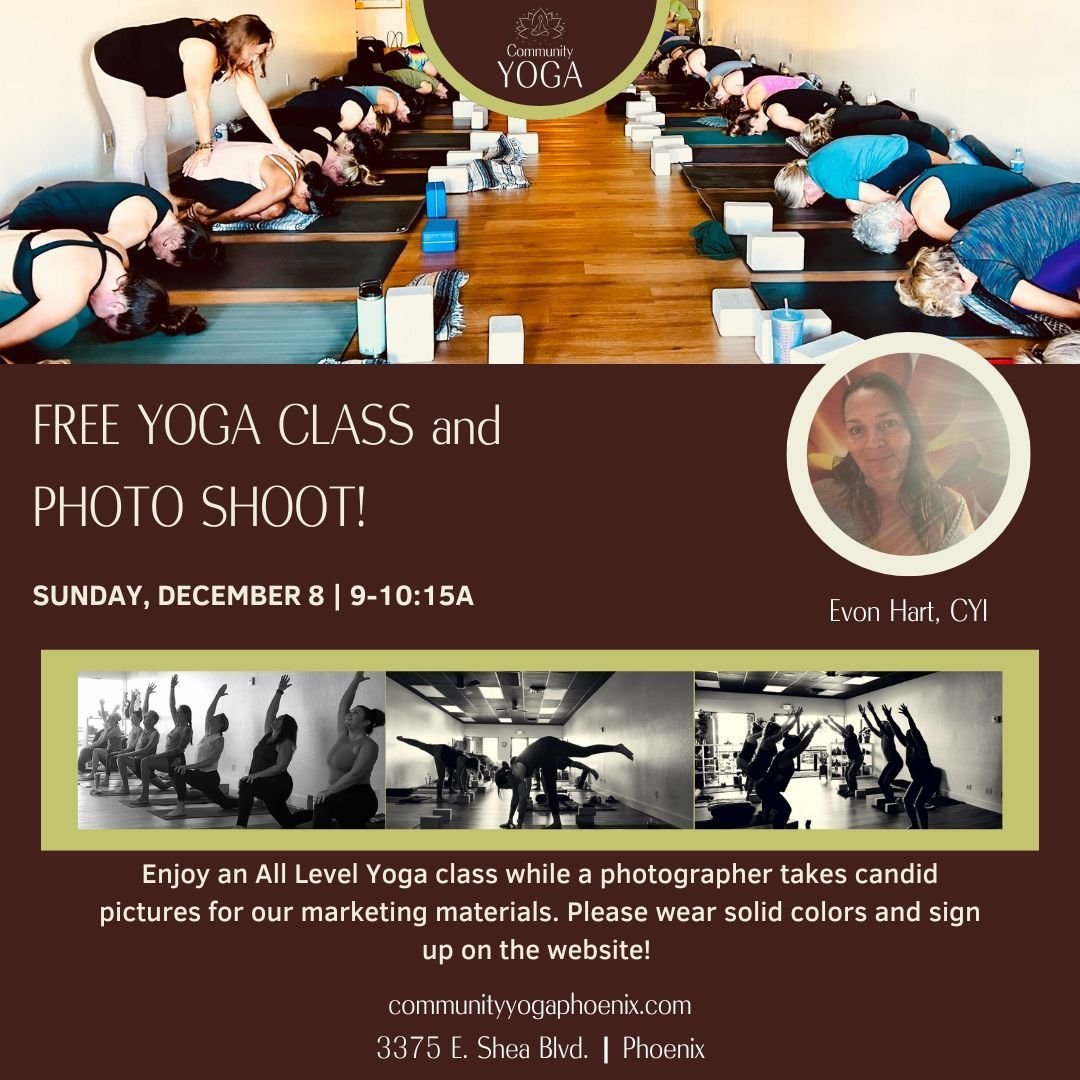 This Sunday! Free class + photo shoot for our website and marketing materials.  Enjoy your practice while one of our students (who is a photographer) takes candid pictures to help us represent our community and our studio.  Please register on the web