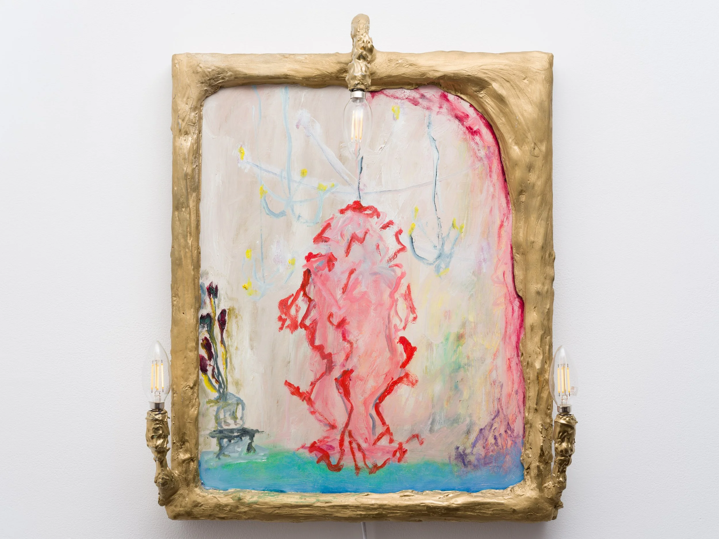  Gerard Brane&nbsp;   Figures in room , 04.02.2025  Painting:&nbsp;  Oil on wood panel&nbsp;  20 x 16 inches  Artist-made frame  Hydrocal, spray paint, led bulbs, wiring.  22 x 20&nbsp; inches&nbsp;&nbsp; 