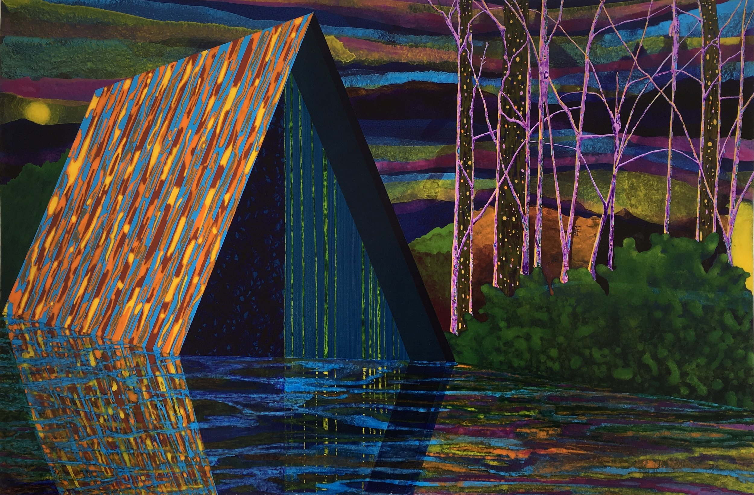 Below The Floating World 2018 acrylic on paper 14.875”H x 22.5”W