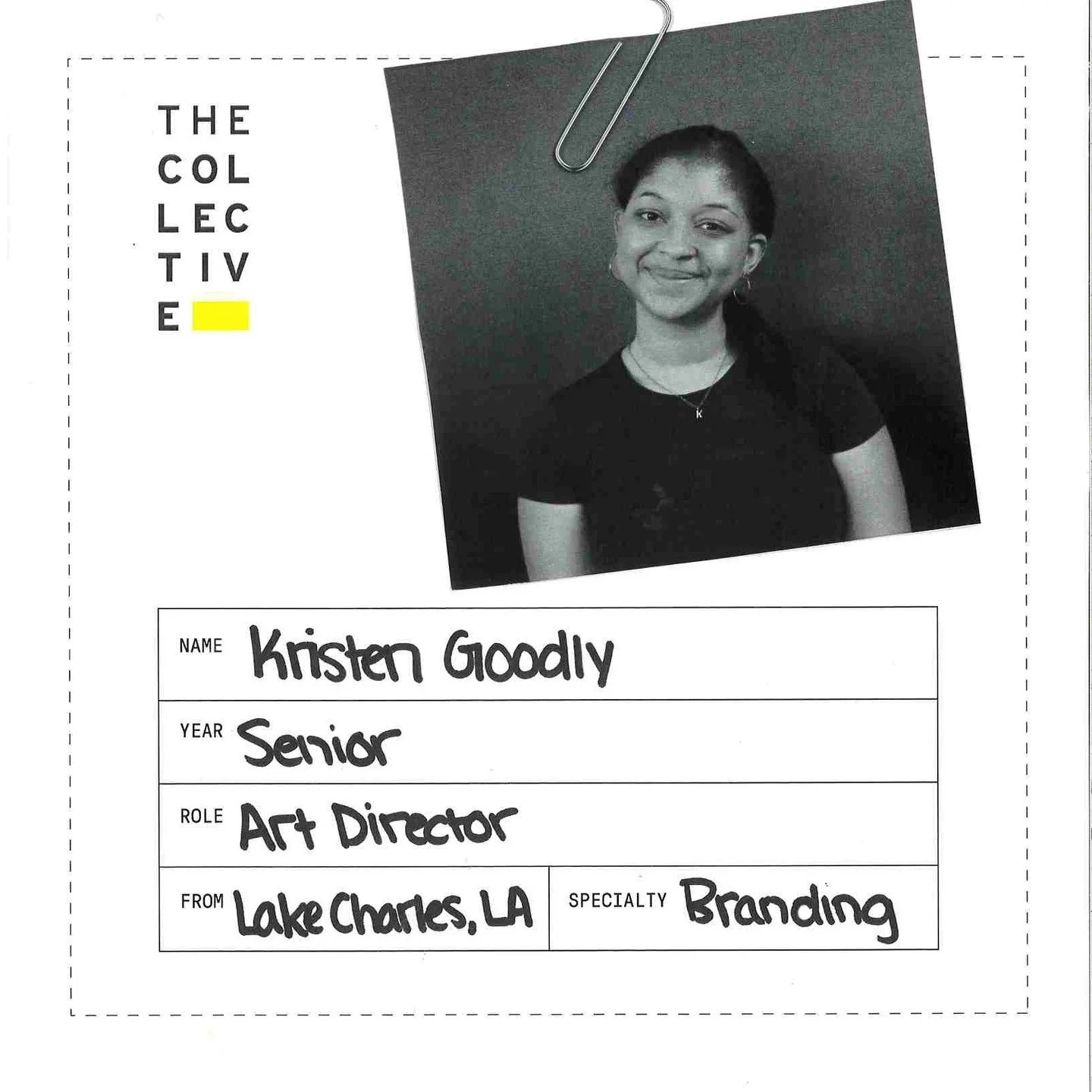 Kristen Goodly, an Art Director in The Collective is from Lake Charles, LA. She strives to create works that merge both old and new, from motion to print design and all that comes in between. Outside of design, you will find her jamming out to her fa