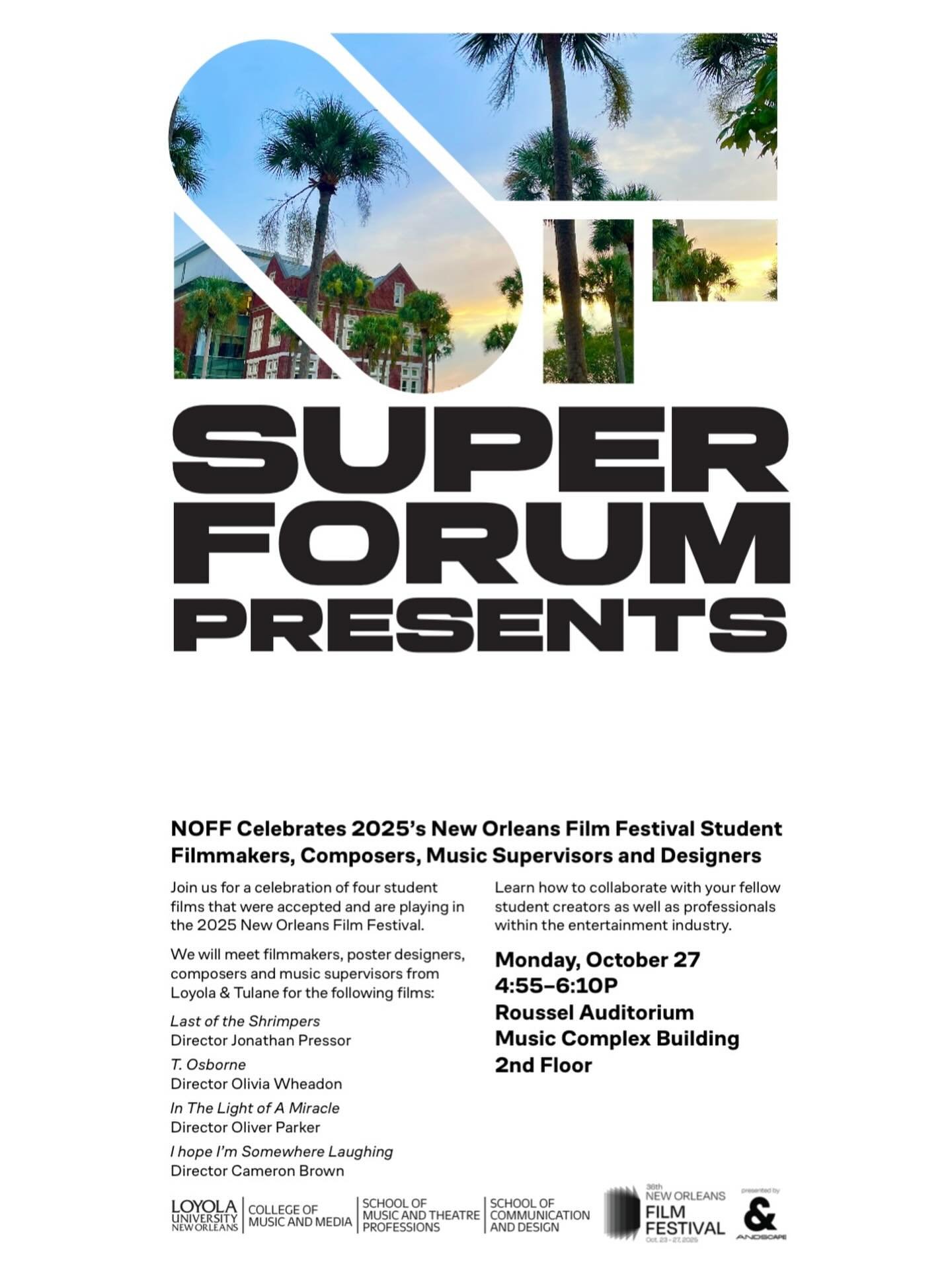 Join us Monday, October 27 from 4:55&ndash;6:10P in Roussel Auditorium on the 2nd Floor of the Music Complex Building for a celebration of two student films that were accepted and are playing in the 2025 New Orleans Film Festival. We will meet filmma