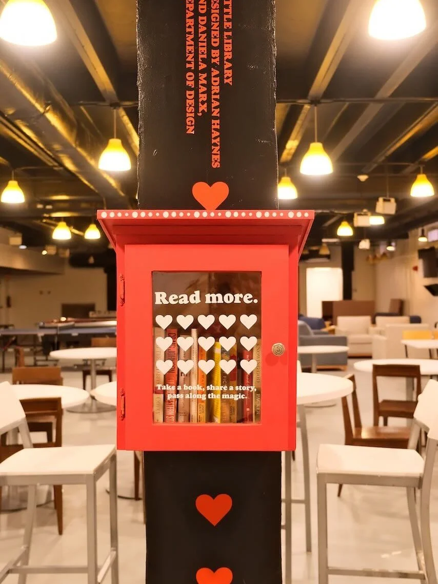 Have you checked out the Little Library in Satchmo&rsquo;s, located in the basement of the Danna Center? This free book exchange was created by design student Adrian Haynes and faculty member Daniela Marx.
Take a book, share a story, and pass along t