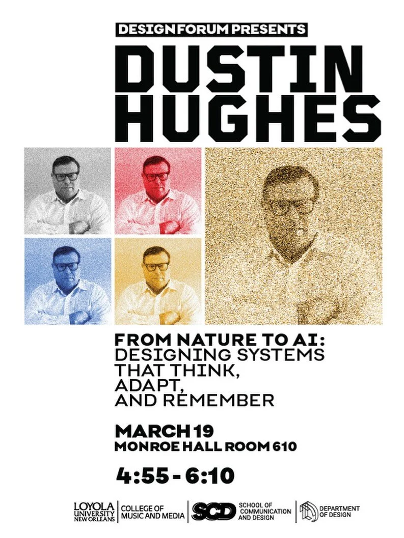 ‼️INTRODUCING A NEW FORUM GUEST‼️
Join us this Wednesday, March 19, 2026 in Monroe Hall Room 610 from 4:55&ndash;6:10 as we welcome Dustin Hughes to Design Forum. We are excited to have him visit and share with us about A.I. and the world of design.
