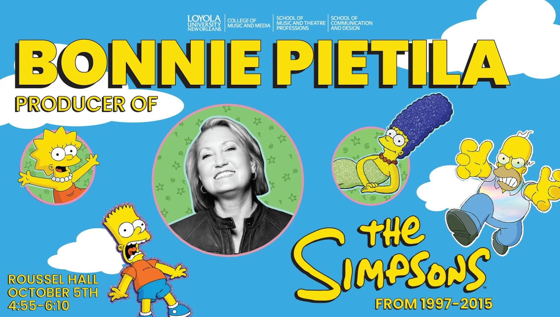 ❗️Introducing this week&rsquo;s #SUPERFORUM Guest❗️
Please join us this Monday, October 5th, from 4:55-6:10pm in Roussel Hall as we welcome Simpson&rsquo;s producer, Bonnie Pietila! Each semester, we collaborate with other departments in the College 