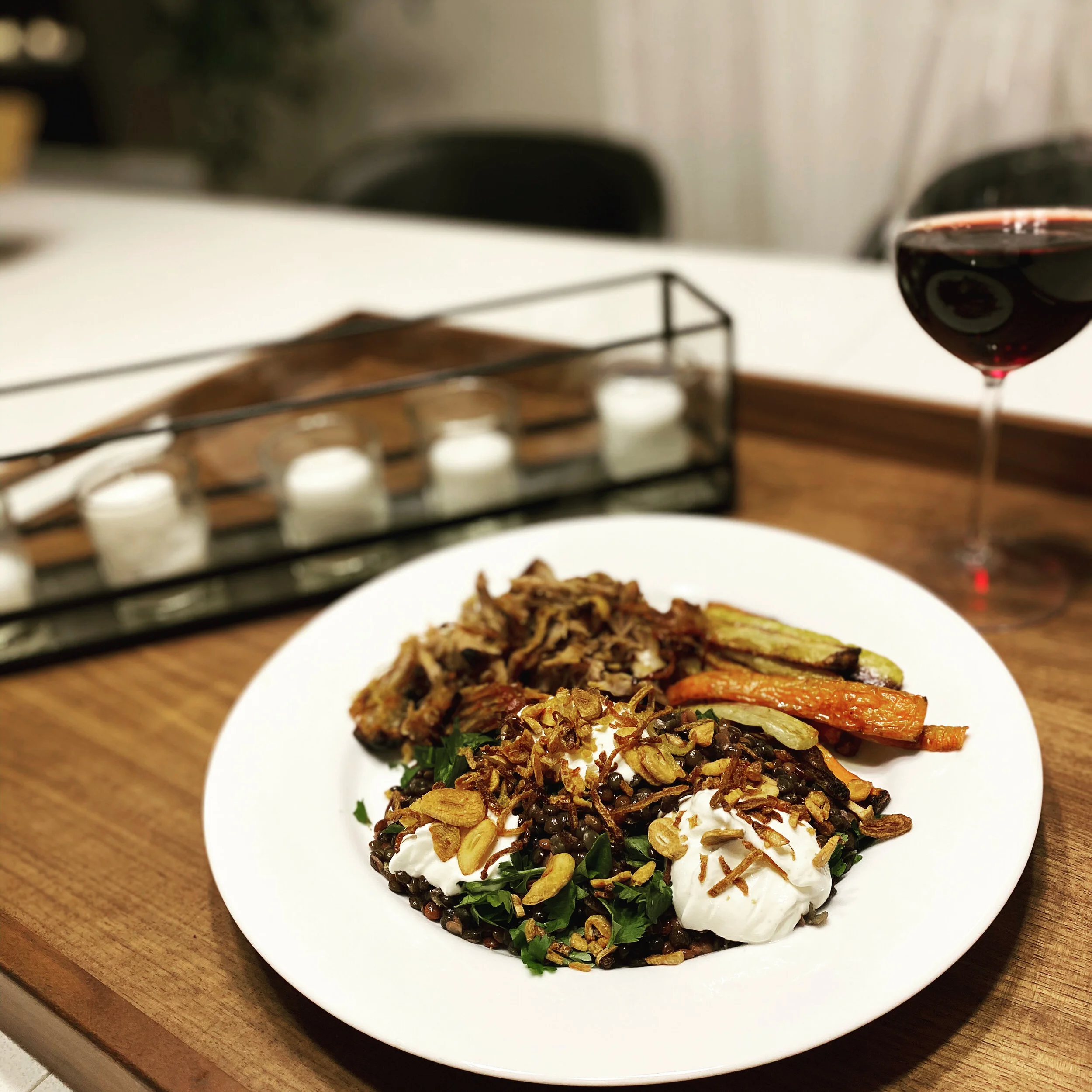 Black Lentils with Crispy Garlic and Labneh