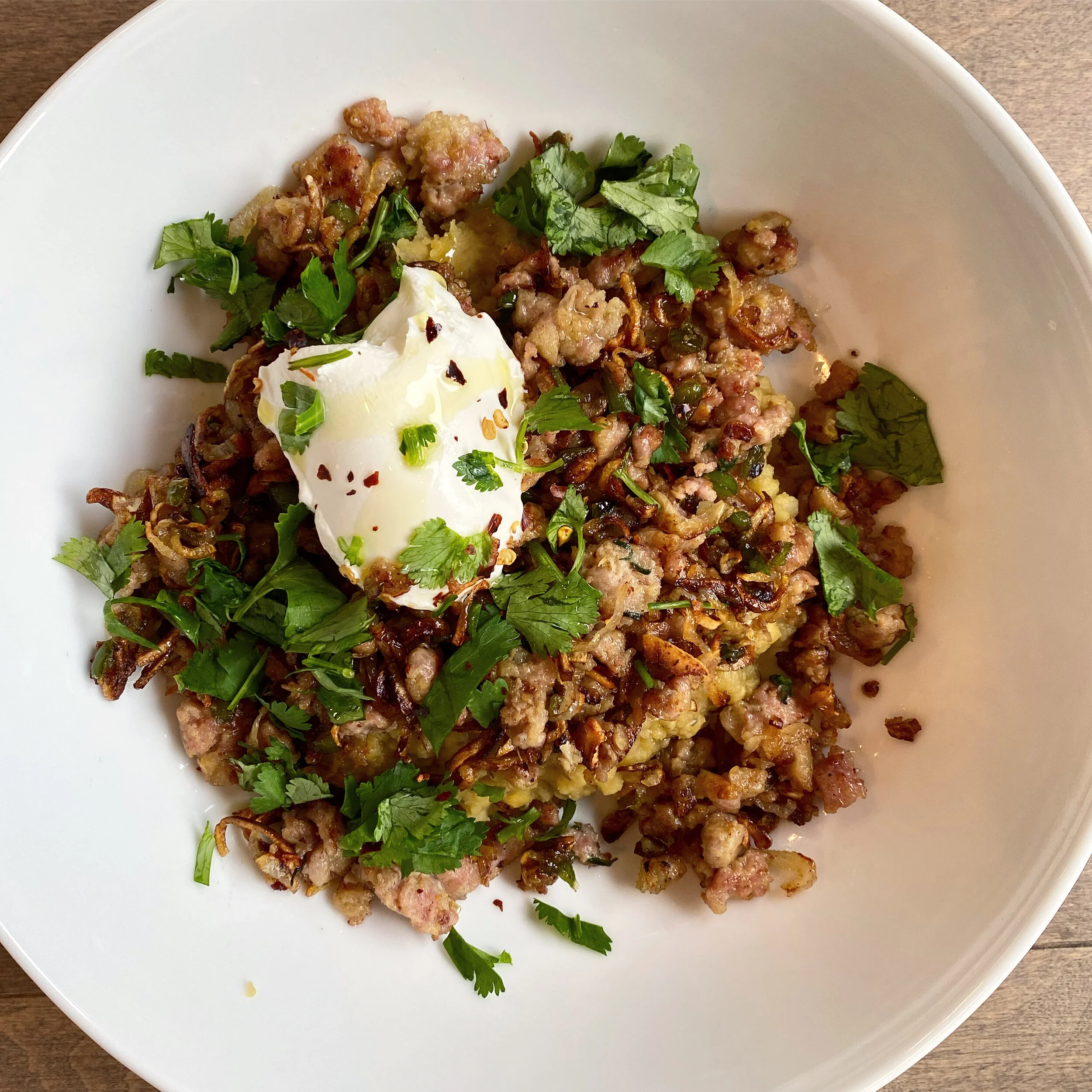 Red Lentil Dahl with Sausage and Fried Shallots