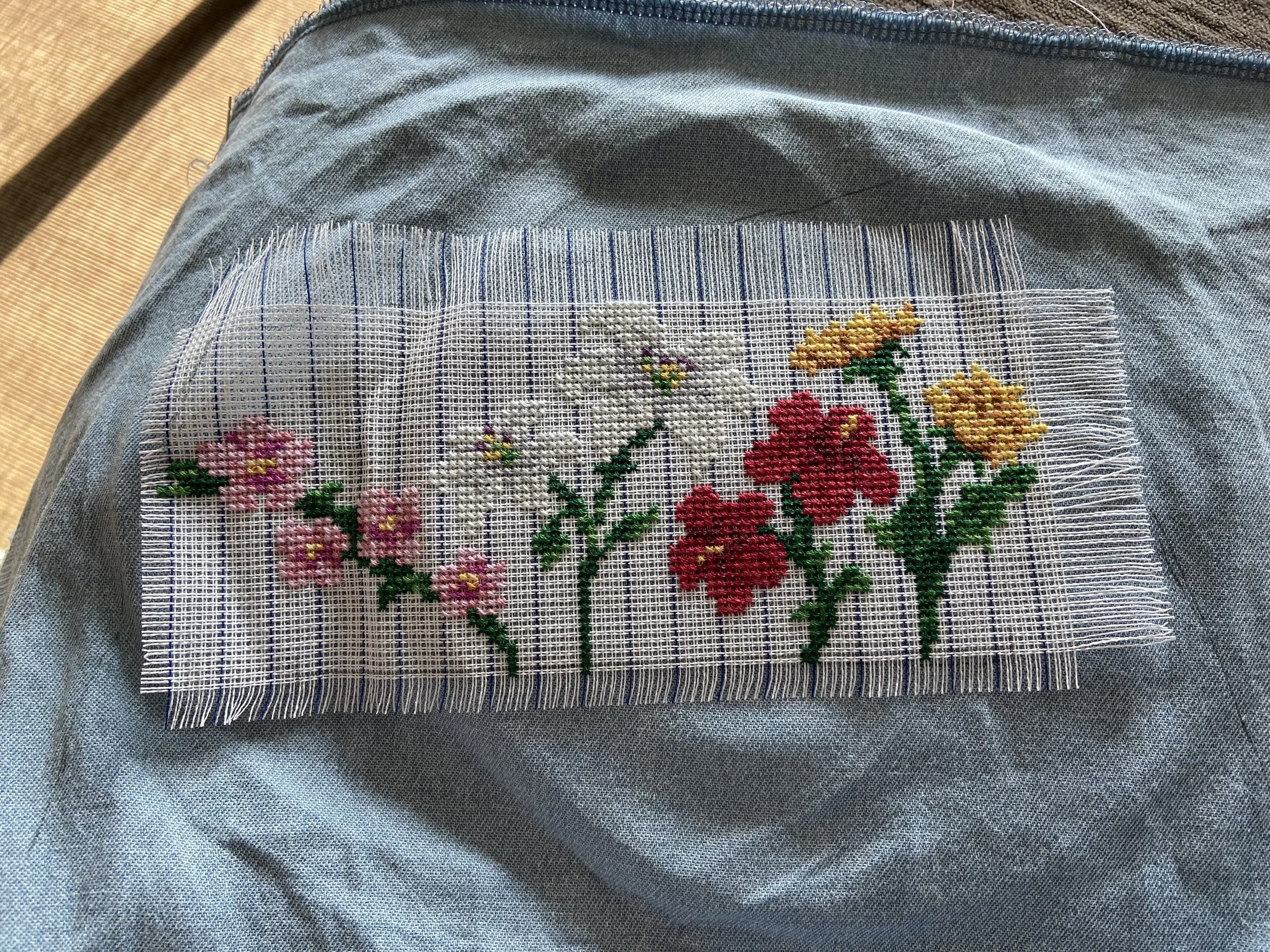 CROSS STITCHED JEAN SHORTS