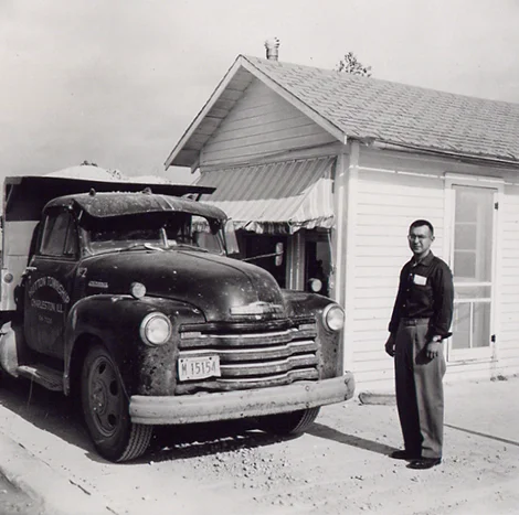 Martin Tarble in front of the original scalehouse circa 1954.