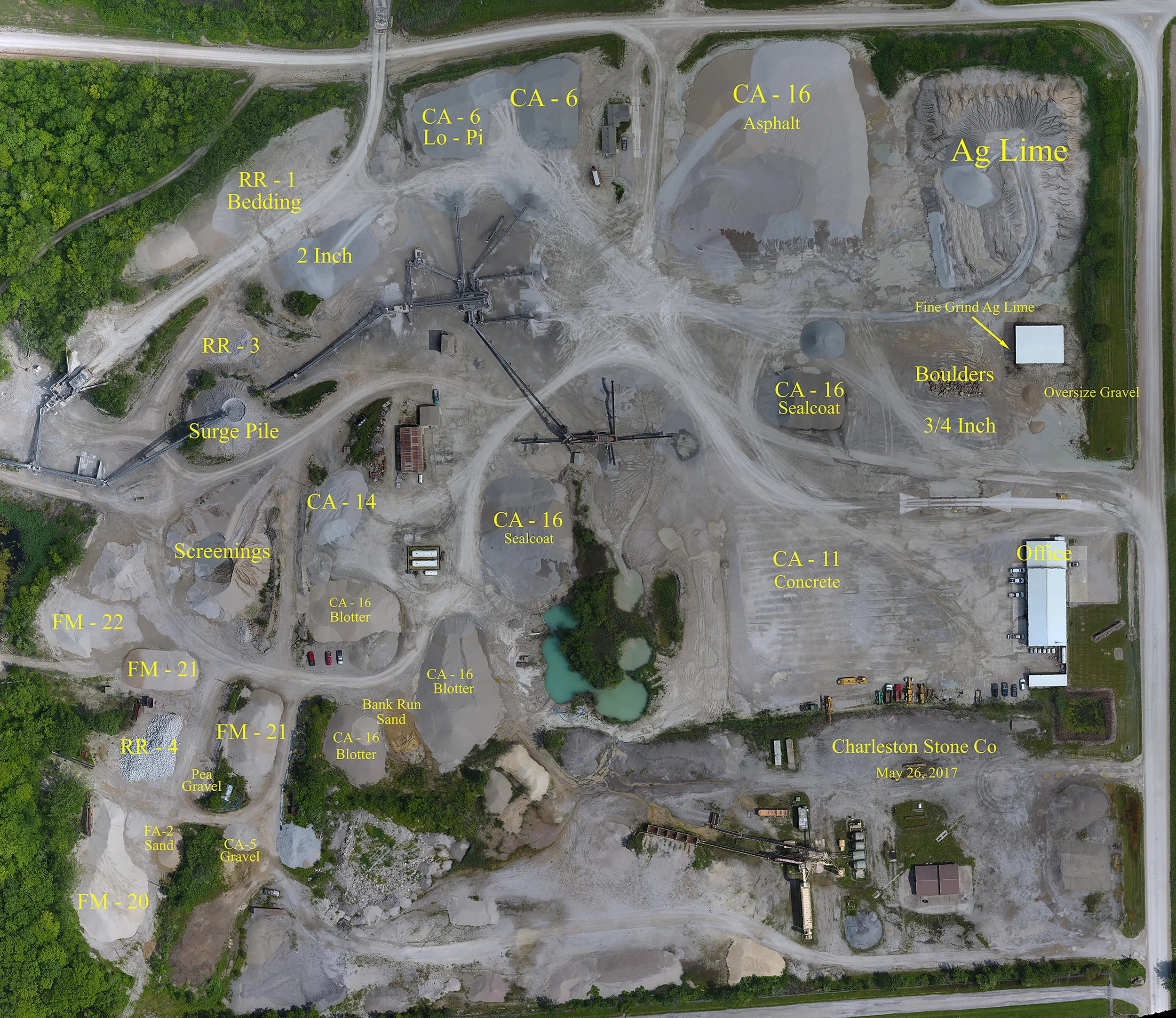 Overview map of plant and stockpile area with stock locations.