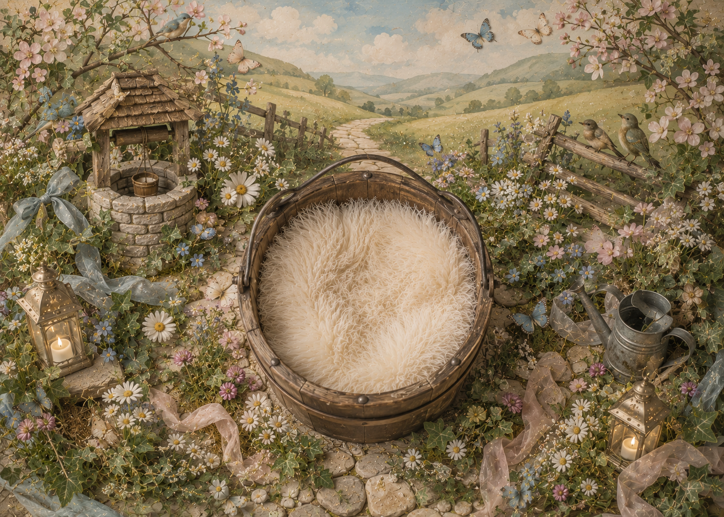 Whimsical spring garden with cozy charm.png