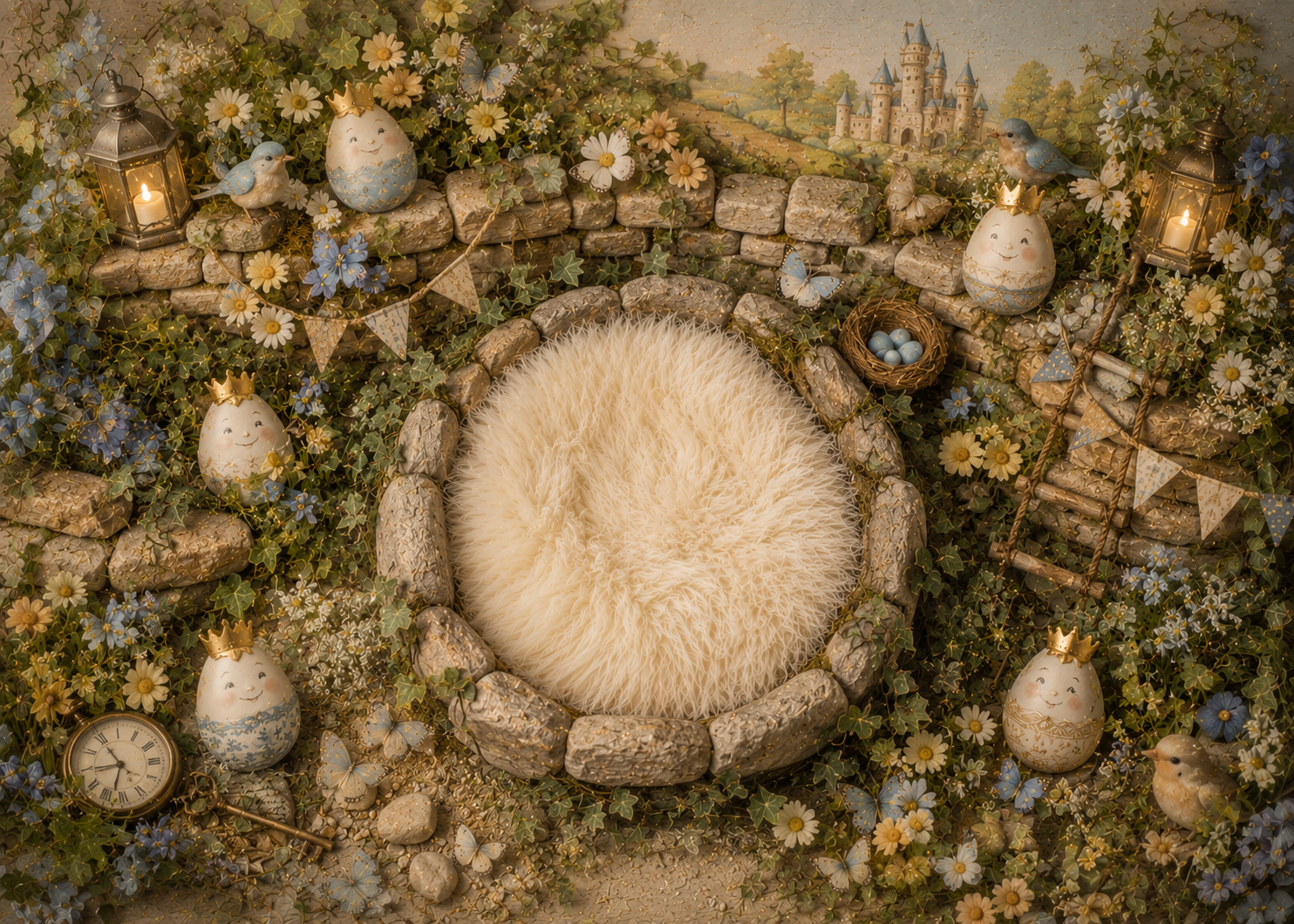 Whimsical fairy garden with enchanted eggs.png