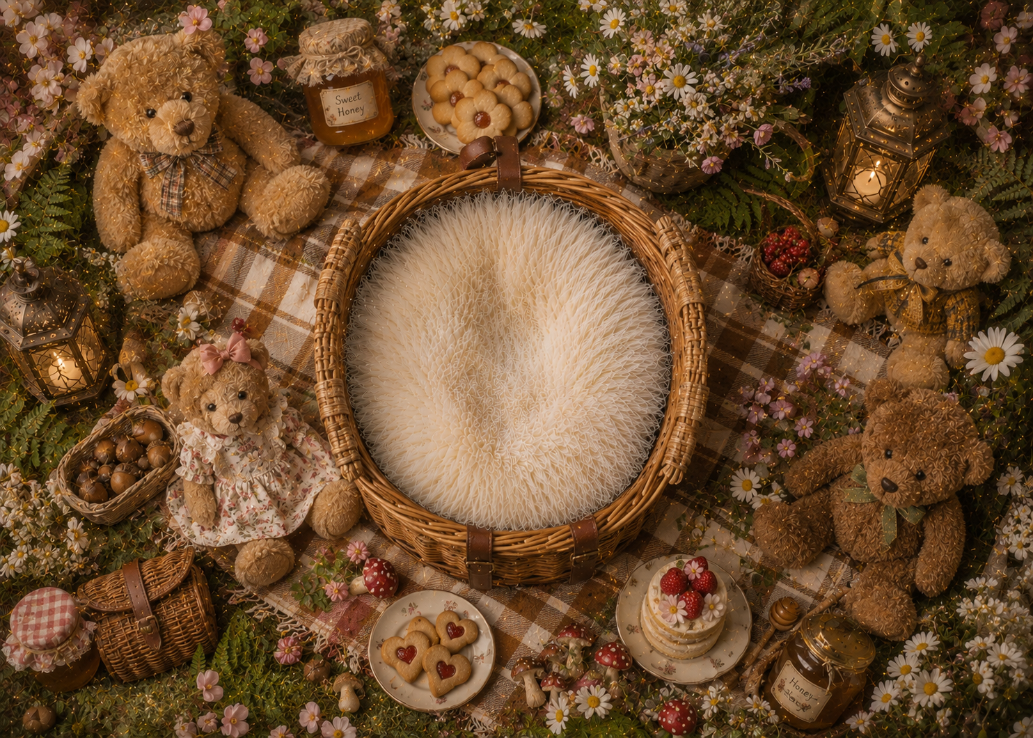 Whimsical woodland picnic with teddies.png