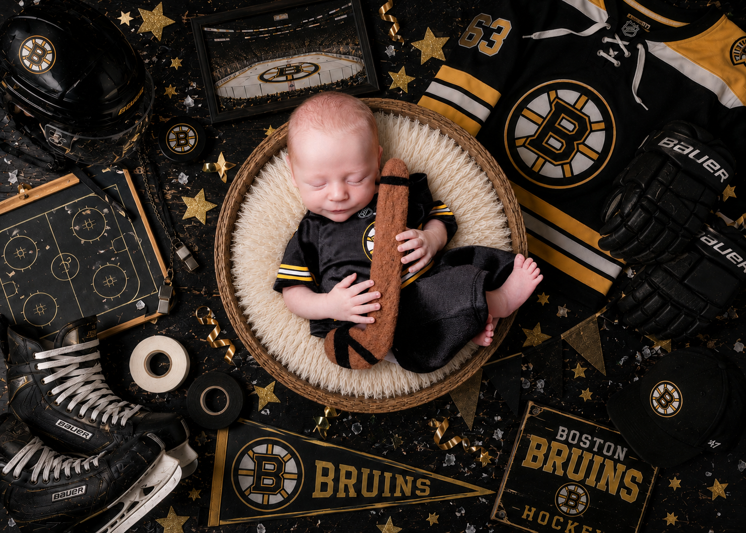 Bruins baby fan in cozy cradle.png