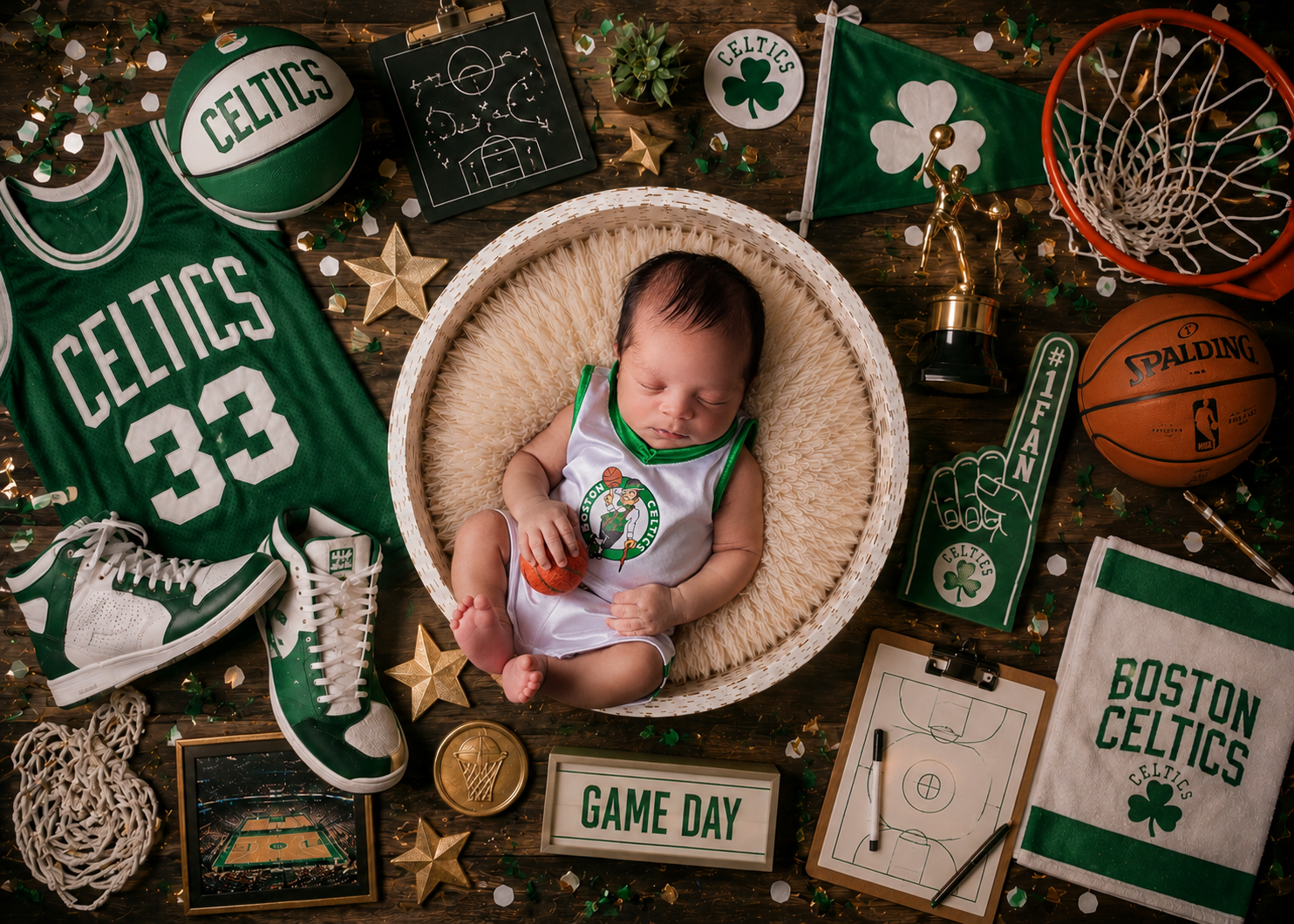 Celtics-themed newborn photoshoot setup.png