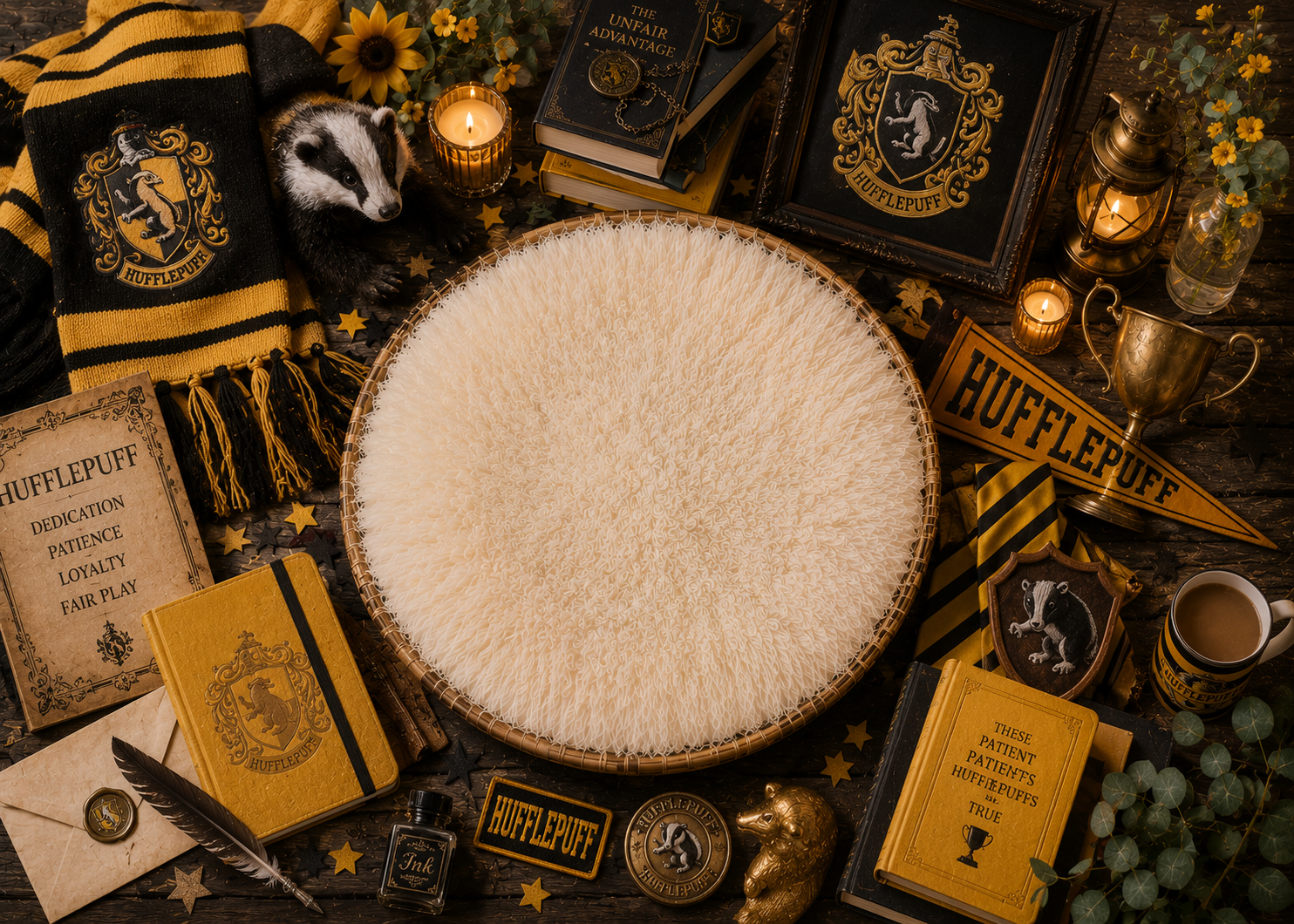 Cozy Hufflepuff fandom flatlay scene.png
