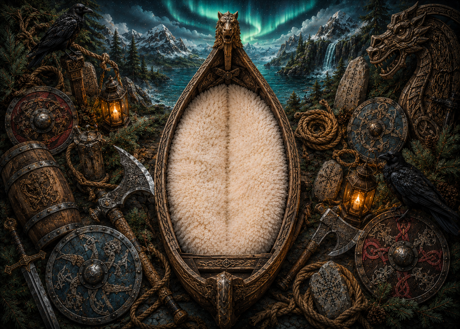 Nordic viking still-life with aurora.png