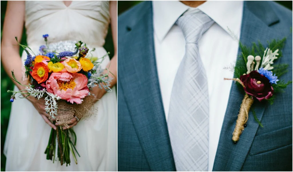 Pink peony wedding bouquet | Grooms boutonniere