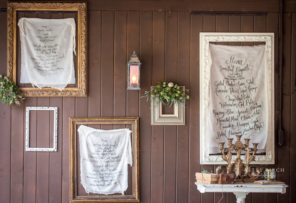 custom signage and quotes hanging from frames at Historic Hope Glen Farm wedding. Upscale rustic, vintage wedding decor