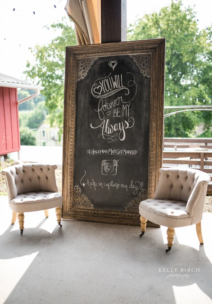 custom chalkboard sign and vintage furniture for cocktail reception Historic Hope Glen Farm