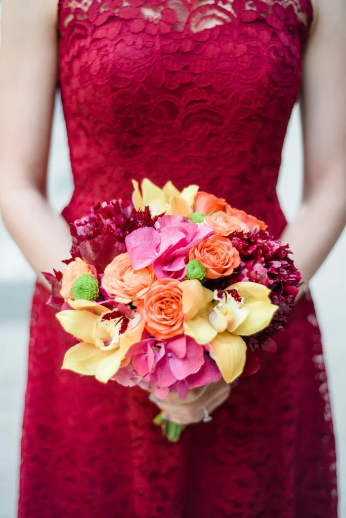 tropical inspired bouquet with orchids for Spring wedding in Minneapolis