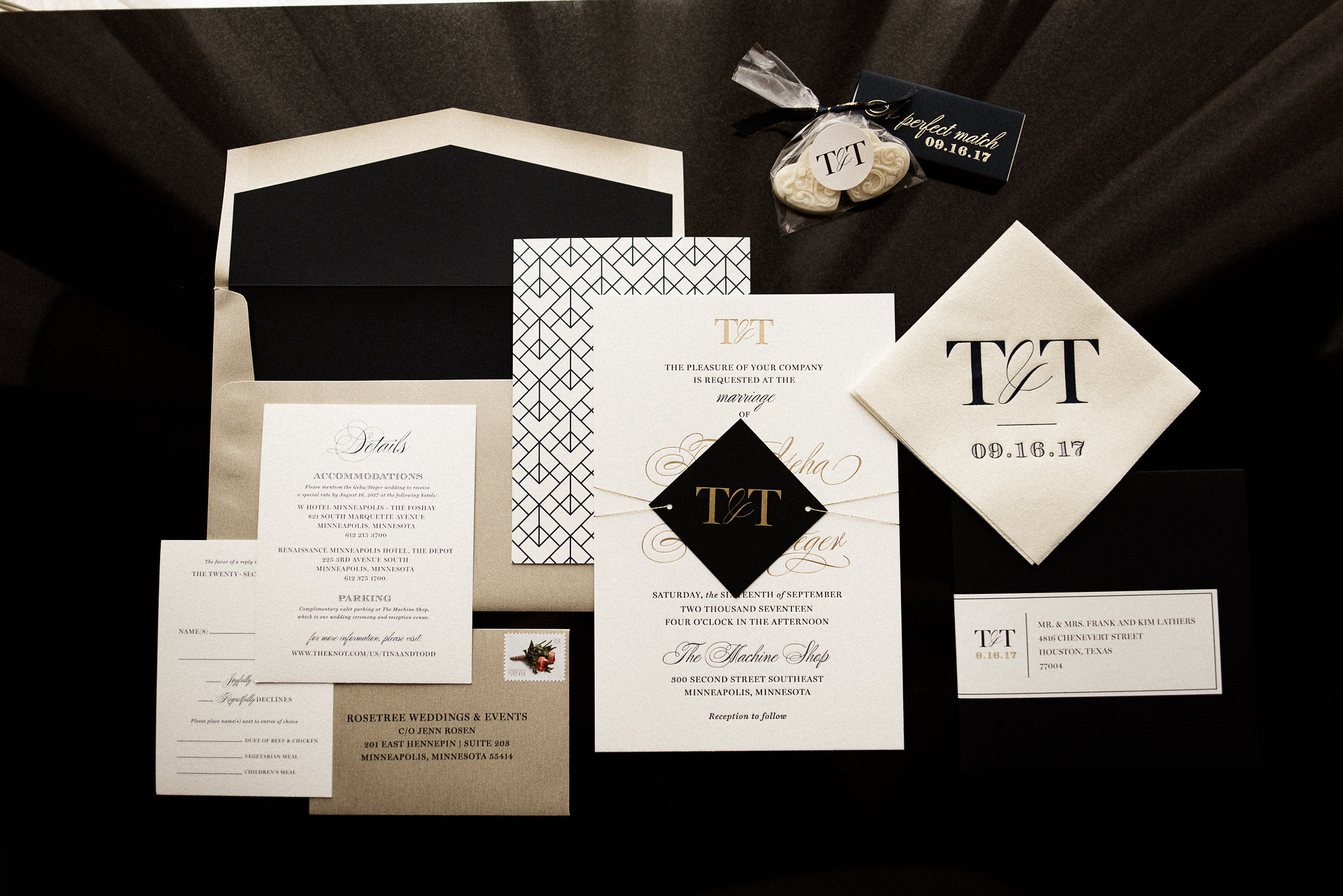 black, white and gold wedding invitations