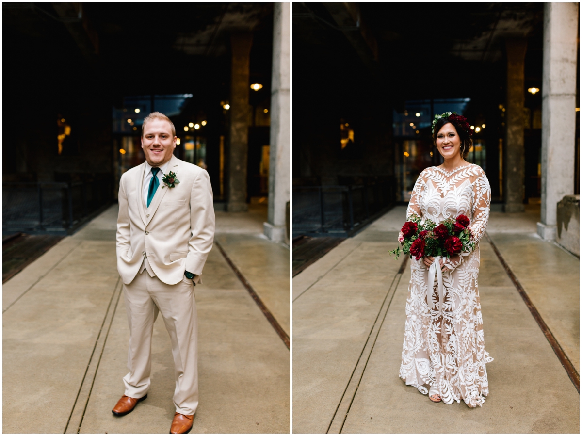 Bride and groom at their boho greenery wedding