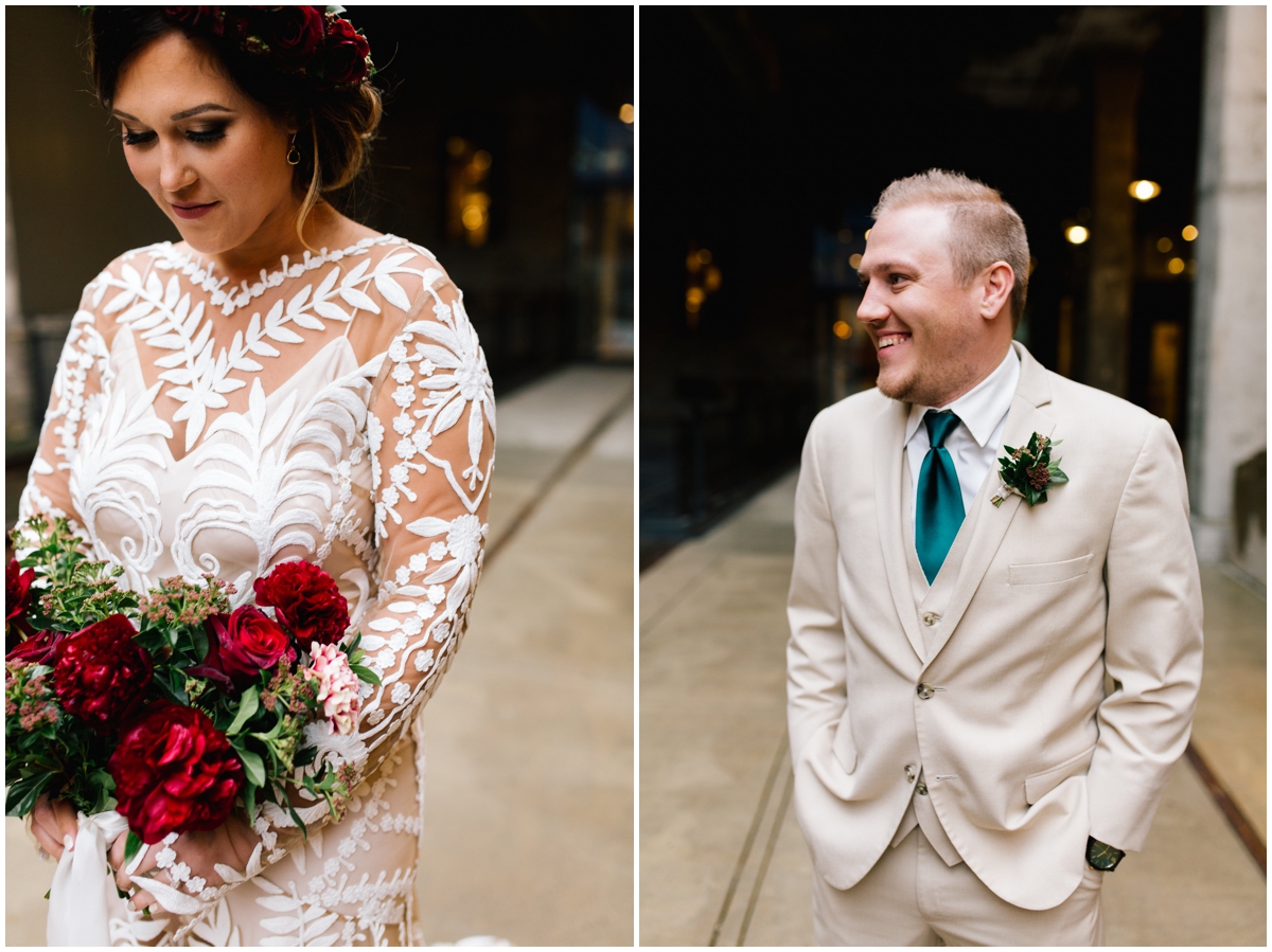 Bride carrying a burgundy peony bouquet and groom with greenery accessories.