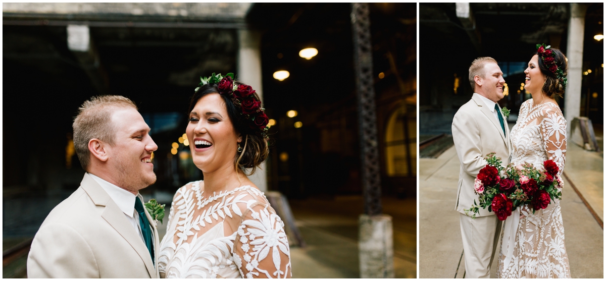 Bride and groom laughing at their first look shoot