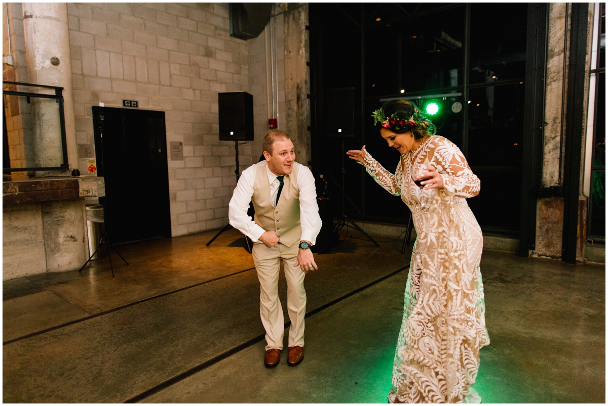 Bride and groom having their first dance at the Mill City Museum