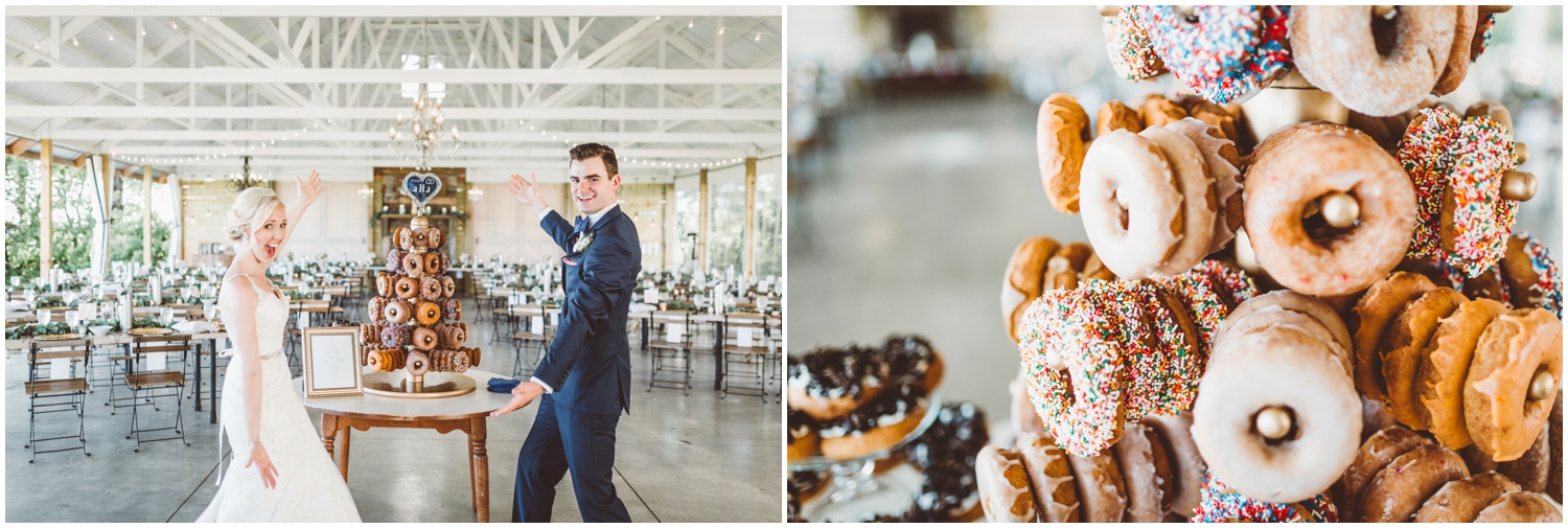 bride and groom at their dessert table