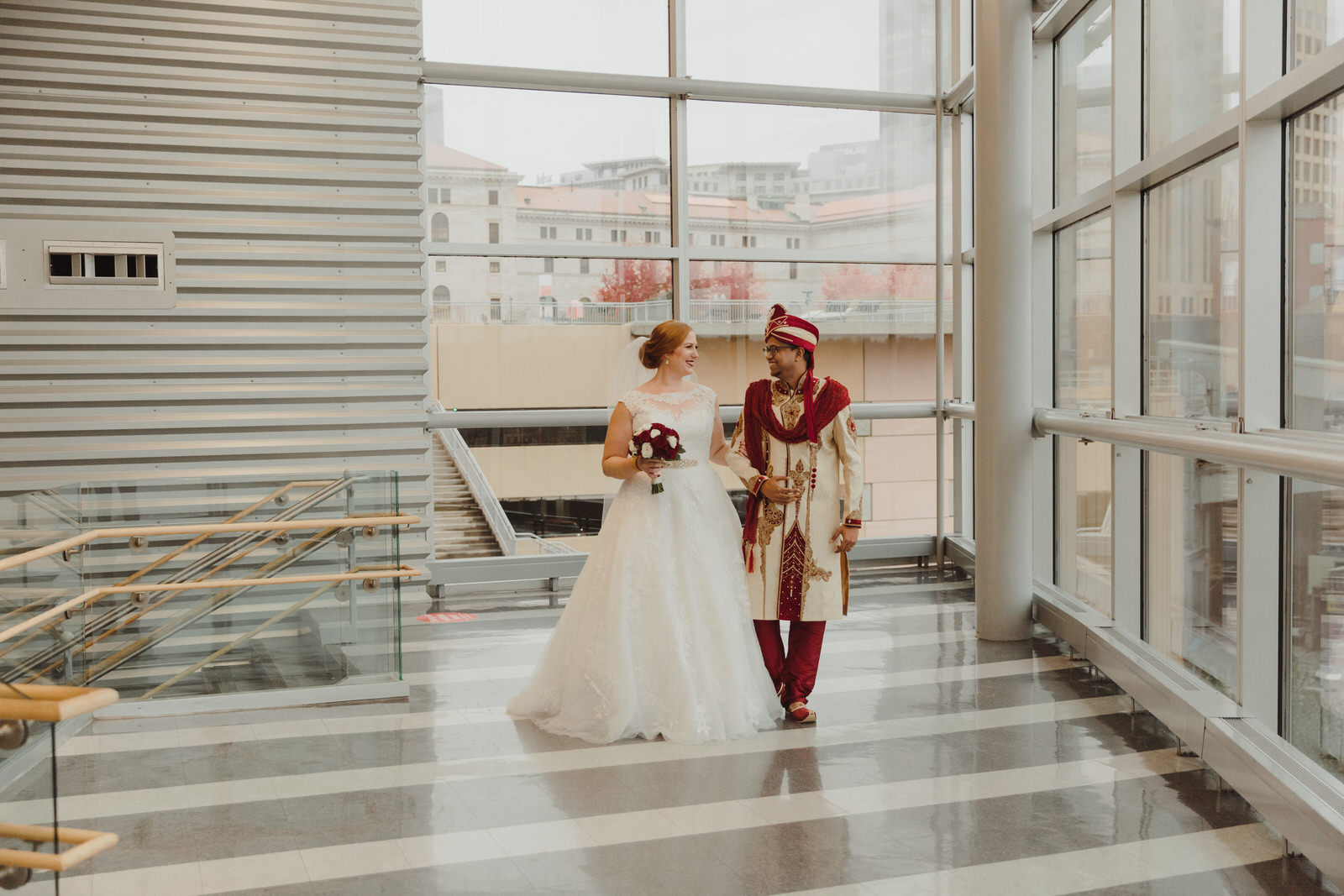  bride and groom first look at the Science of Museum of Minnesota venue 